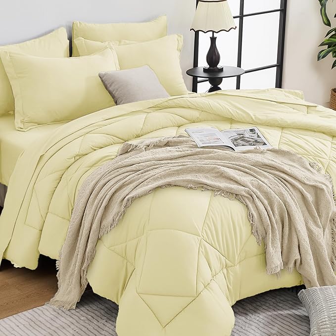 HEVUMYI Cream Yellow Twin-XL Comforter Set - 5-Piece All Season Bed in a Bag Twin-XL, Ultra Soft Bedding Set with Comforter, Flat Sheet, Fitted Sheet, Pillowcases, Pillow Shams