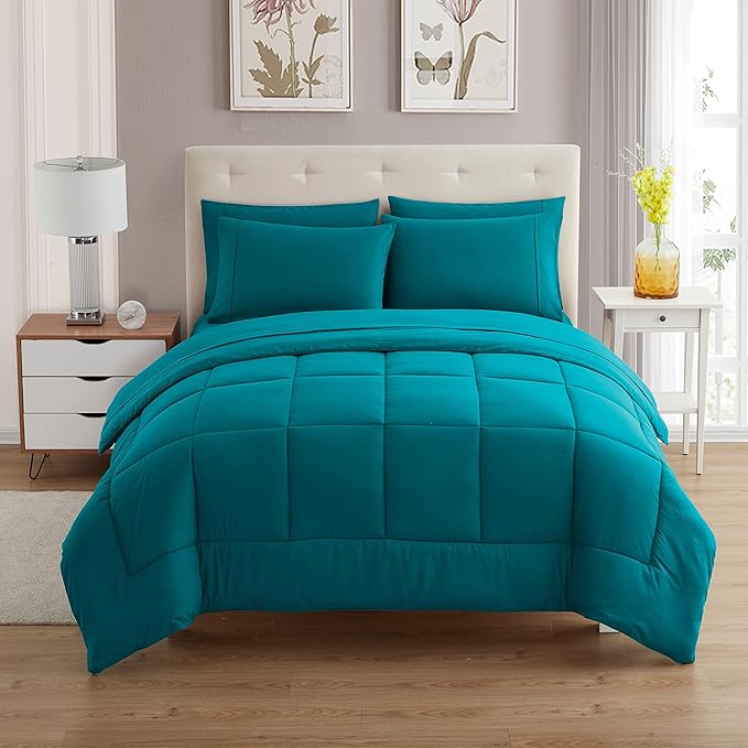 Sweet Home Collection 7 Piece Comforter Set Bag Solid Color All Season Soft Down Alternative Blanket & Luxurious Microfiber Bed Sheets, Teal, Twin XL