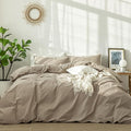 MooMee Bedding Duvet Cover Set 100% Washed Cotton Linen Like Textured Breathable Durable Soft Comfy (Solid Light Camel, Oversized King Plus 128"x120")