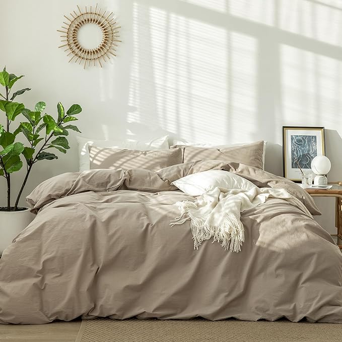 MooMee Bedding Duvet Cover Set 100% Washed Cotton Linen Like Textured Breathable Durable Soft Comfy (Solid Light Camel, Super Queen 90"x98")
