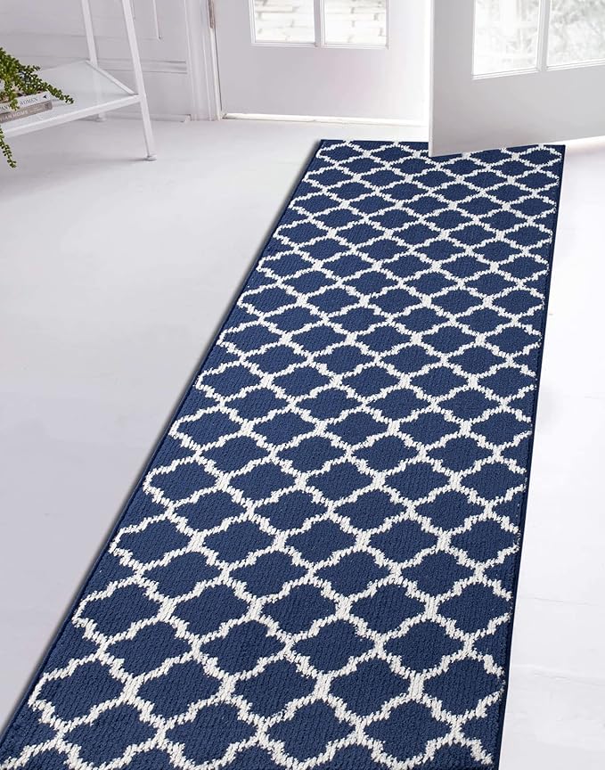 Custom Size Cut to Length Moroccan Trellis Design Runner Rug Mat For Wide Long Hallways with Non-Slip Rubber Backing, Better Traction for Pets, Prevent Slippage, Trellis Navy Blue, 31 inch X 10 feet