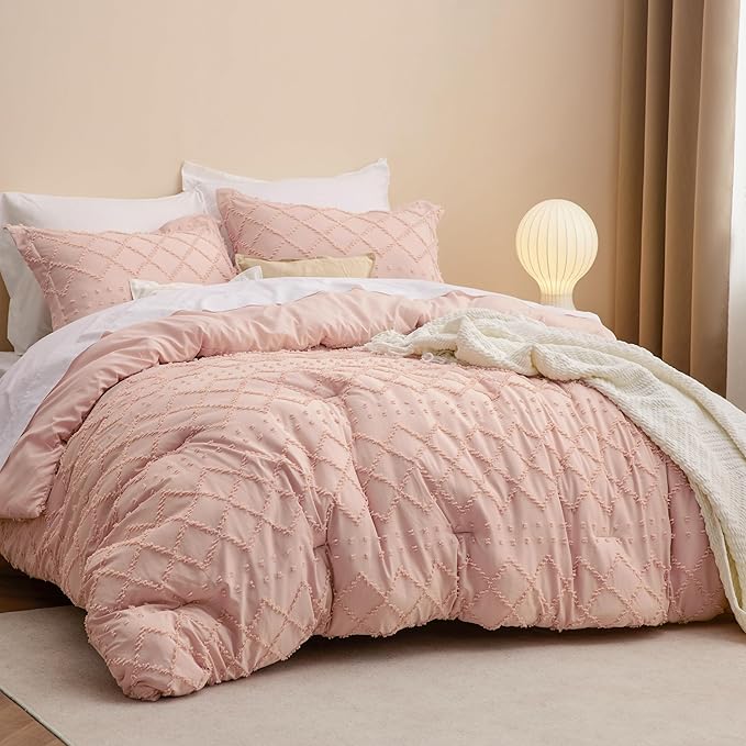 Bedsure Twin Comforter Set - Coral Pink Comforter, Boho Tufted Shabby Chic Bedding for Kids, 2 Pieces Vintage Farmhouse Bed Set for All Seasons, Fluffy Soft Bedding with 1 Pillow Sham