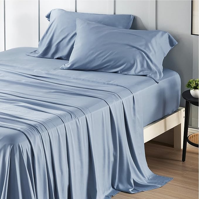 Bedsure King Size Sheets Set, Cooling Sheets for Hot Sleepers, Rayon Derived from Bamboo, Breathable & Soft, Deep Pocket Up to 16 Inches, Hotel Luxury Silky Bedding, Dusty Blue