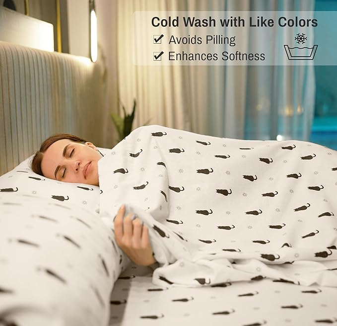RUVANTI Flannel Sheets Twin XL Size - 100% Cotton Double Brushed Twin XL Sheet Sets, Deep Pockets 16 Inches, All Seasons Breathable & Extra Soft Bed Sheets, Warm & Cozy, 3 Piece, Black Cat