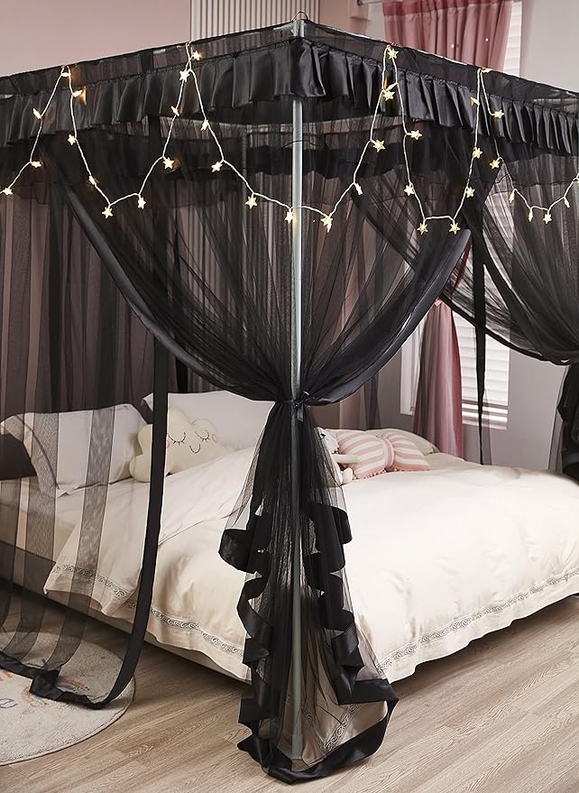 Mengersi 4 Corner Post Bed Canopy Bed Curtains Mosquito Net Bedroom Decoration Accessories (Twin, Black)