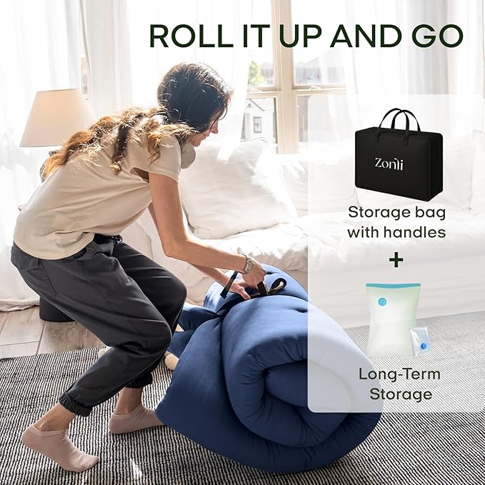 ZonLi Japanese Floor Futon Mattress Queen Size 80"x 60", 100% Cotton Cover 2.5'' Thicken Tatami Mattress, Foldable Sleeping Pad, Portable Dormitory Tatami Mat, Roll Up Floor Lounger Bed for Adult