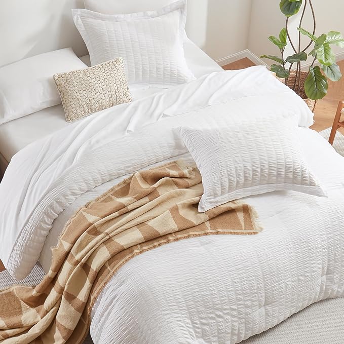 CozyLux King Size Comforter Set White Seersucker 7 Pieces Bed in a Bag King Comforter Set with Sheets, Luxury Soft Bedding Set with Down Alternative Comforter, Sheets, Pillowcases & Shams All Seasons