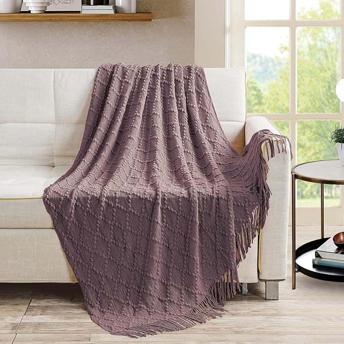BOURINA Dark Lavender Throw Blanket 50 x70 Inches Jacquard Argyle Throw Textured Solid Soft Throws and Blankets for Sofa or Bed Knitted Decorative Blanket