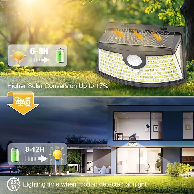 Aootek New Solar Motion Sensor Lights 120 LEDs with Lights Reflector,270° Wide Angle, IP65 Waterproof, Step Lights for Front Door, Yard, Garage, Deck (Front Button 4-Pack)
