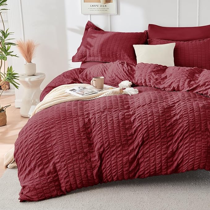 HYMOKEGE Burgundy King Size Comforter Set Seersucker 7 Pieces, All Season Luxury Bed in a Bag for Bedroom, Bedding Set with Comforters, Sheets, Pillowcases & Shams