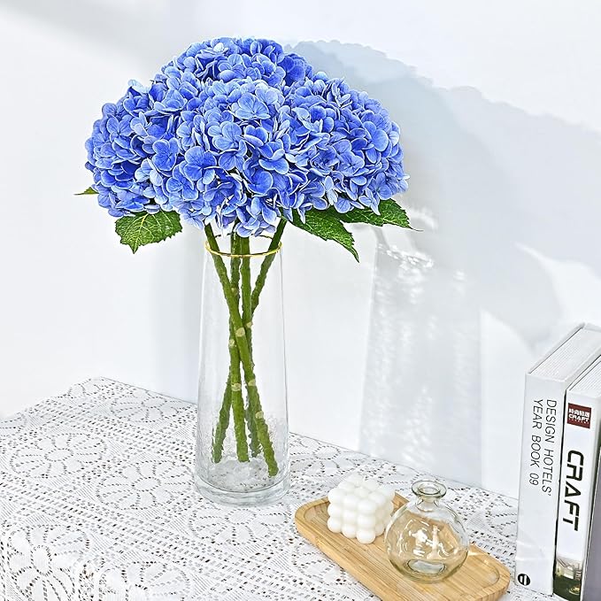 Waipfaru 21" Real Touch Dark Blue Hydrangea Artificial Flowers with Long Stem & Leaves, Full Latex Faux Hydrangea Flowers for Home Decor Party Floral Arrangements Wedding Bouquets Centerpieces, 3Pcs