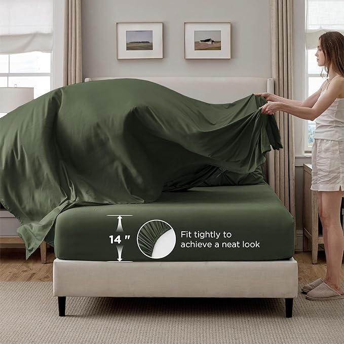 Bedsure Oversized Queen Comforter Set Olive Green - Bed in a Bag Bedding Set 7 PCS, GentleSoft™ Pintuck Bed Set Gift for Family, Pinch Pleat All Season Comforter with Sheets, Pillowcases & Shams