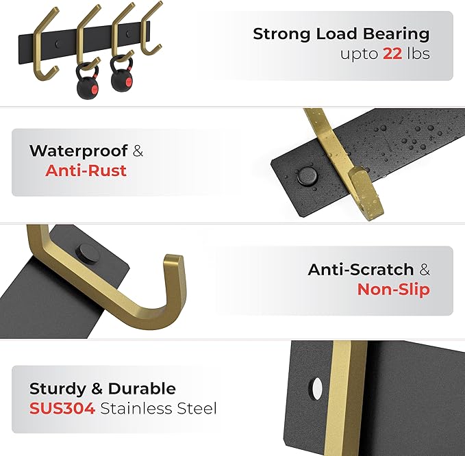 Coat Rack Wall Mount – Black and Gold Hook Rail with 4 Double Coat Hooks, 12 Inch Stainless Steel Wall Hooks for Entryway, Bathroom, Bedroom, Closet, Towel, Hat, Bag, Heavy Duty Organizer