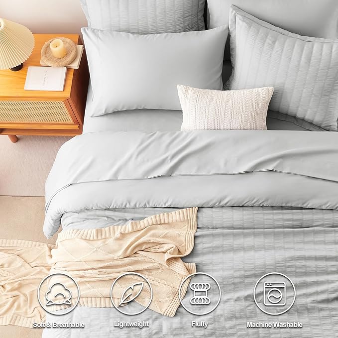 CozyLux Queen Comforter Set Light Grey Seersucker 7 Pieces Bed in a Bag Queen Comforter Set with Sheets Luxury Soft Bedding Set with Down Alternative Comforter, Sheets, Pillowcases & Shams All Seasons
