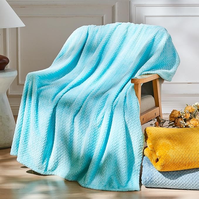 NEWCOSPLAY Super Soft Throw Blanket Turquoise Premium Silky Flannel Fleece Leaves Pattern Lightweight Bed Blanket All Season Use (Turquoise, Throw(50"x60"))