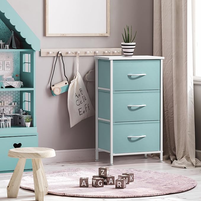 Sorbus Nightstand with 3 Drawers - Bedside Furniture & Accent End Table Chest for Home, Bedroom Accessories, Office, College Dorm, Steel Frame, Wood Top, Pastel Fabric Bins (Aqua)