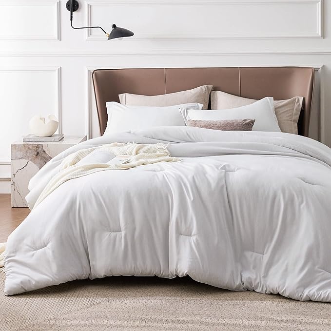 Bedsure California King Comforter Set - Grayish White Soft Bedding for All Seasons, Cationic Dyed Bed Set, 3 Pieces, 1 California King Size Comforter (104"x96") and 2 Pillow Shams (20"x36"+2")