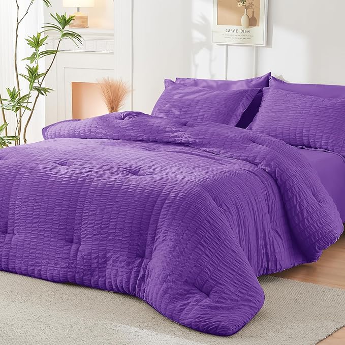 HYMOKEGE Dark Purple Twin XL Comforter Set Seersucker 5 Pieces, All Season Luxury Bed in a Bag for Bedroom, Bedding Set with Comforter, Sheets, Pillowcase & Sham
