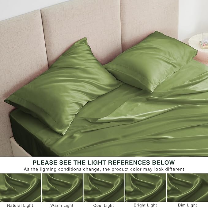 Love's cabin Satin Queen Bed Sheet Set - 4 Piece, Sage, Silky Soft, Deep Pocket, Luxury Feel