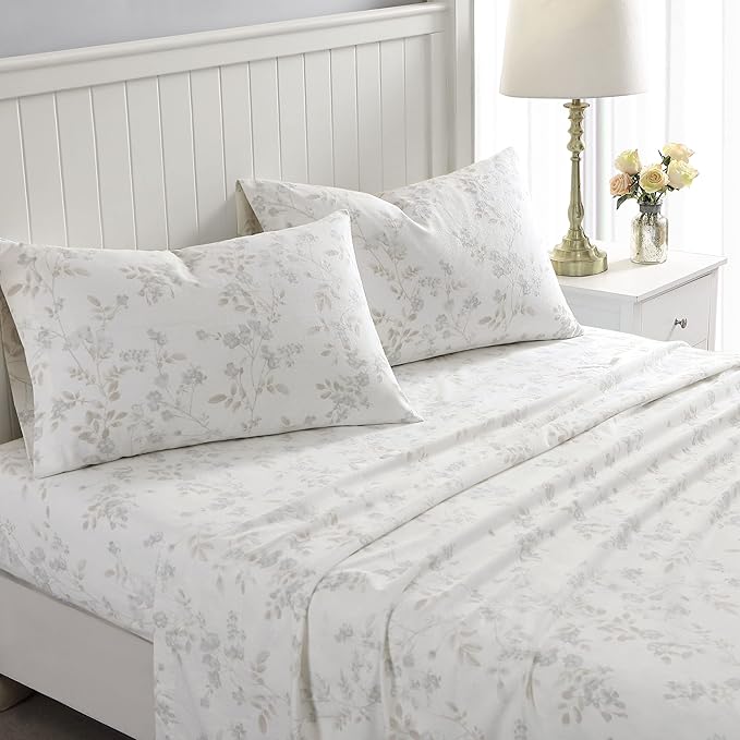 Laura Ashley - Flannel Sheets Twin Size, Anti-Pilling & Wrinkle Resistant Cotton, Touchably Soft for All-Season Comfort - Bed Sheets with Matching Pillowcase & Fitted Sheet (Fawna Grey)