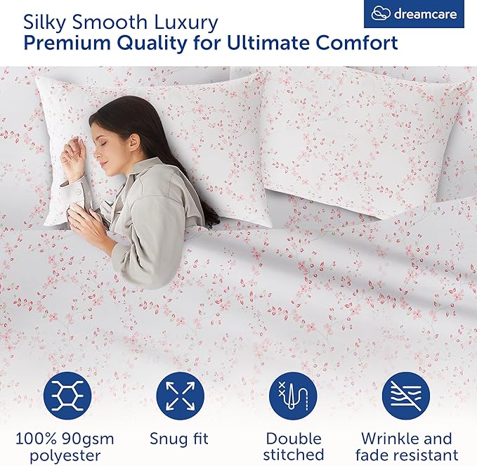 DREAMCARE Queen Size Sheets - Cooling Bed Sheets - 4pcs Set - Queen Sheet Set - Sheets Queen Size Bed - Queen Size Sheet Sets - Soft & Long Lasting 100% Fine Brushed Floral Sheets - Floral Blue