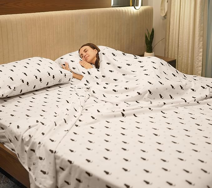 RUVANTI Flannel Sheets Queen Size - 100% Cotton Double Brushed Bed Sheets, Deep Pockets 16 Inches Queen Sheet Set, All Seasons Breathable & Extra Soft - Warm & Cozy, 4 Piece, Black Cat