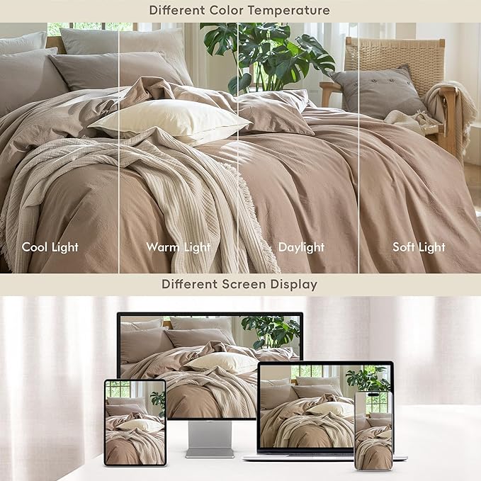 MooMee Bedding Duvet Cover Set 100% Washed Cotton Linen Like Textured Breathable Durable Soft Comfy (Solid Brown, Super Queen 90"x98")