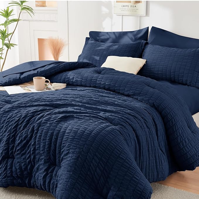 HYMOKEGE Navy Blue Twin Comforter Set Seersucker 5 Pieces, All Season Luxury Bed in a Bag for Bedroom, Bedding Set with Comforters, Sheets, Pillowcase & Sham