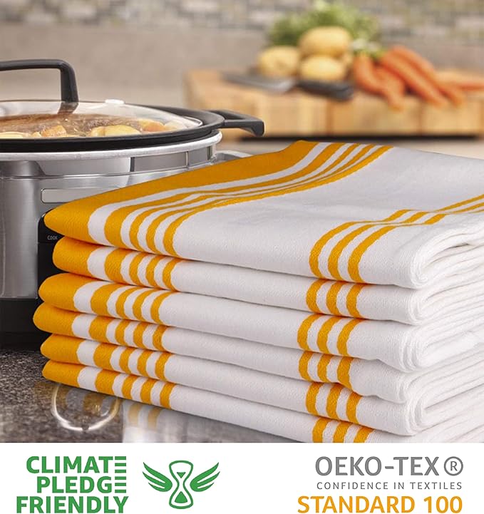 Urban Villa Kitchen Towels 100% Cotton Pack of 6, Highly Absorbent Quick Drying Super Soft Premium Dish Towels for Kitchen with Hanging Loop Hand & Tea Towels - 20x30 Inch, (Yellow & White, Striped)