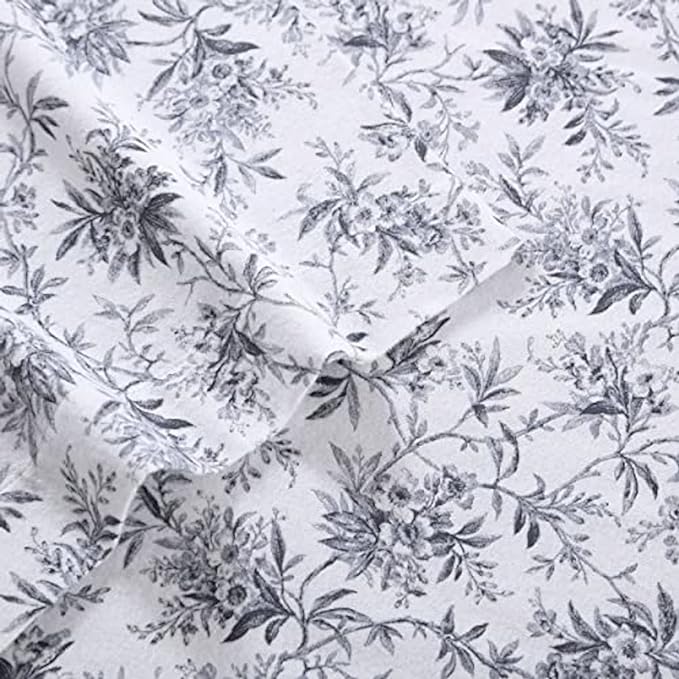 Laura Ashley - Flannel Sheets Full Size, Anti-Pilling & Wrinkle Resistant Cotton, Touchably Soft for All-Season Comfort - Bed Sheets with Matching Pillowcases & Fitted Sheet (Faye Toile Black)