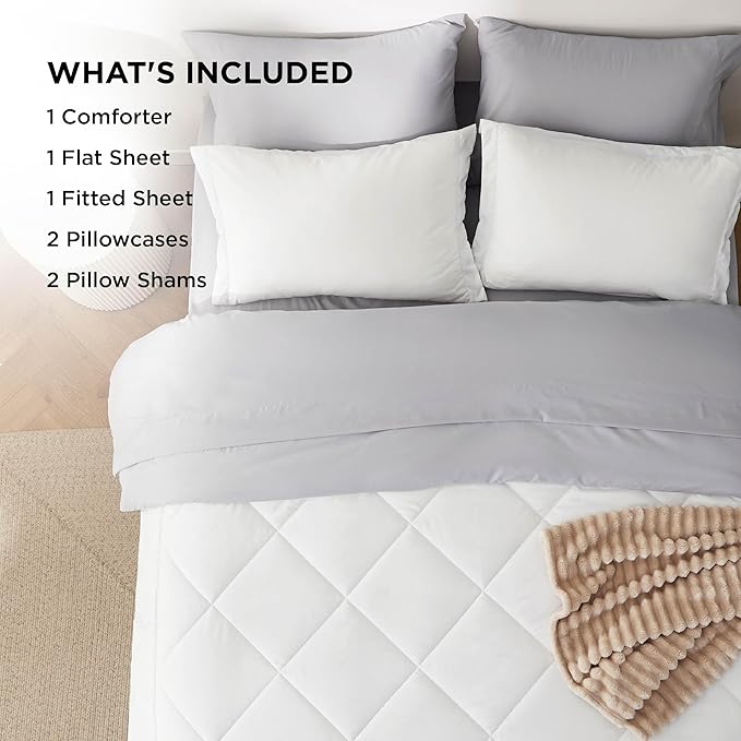 Bedsure King Comforter Set - 7 Pieces Reversible White and Grey Bedding, King Bed Set for All Seasons, Bed in a Bag with Down Alternative Comforter, Grey Sheets, Pillowcases & Shams