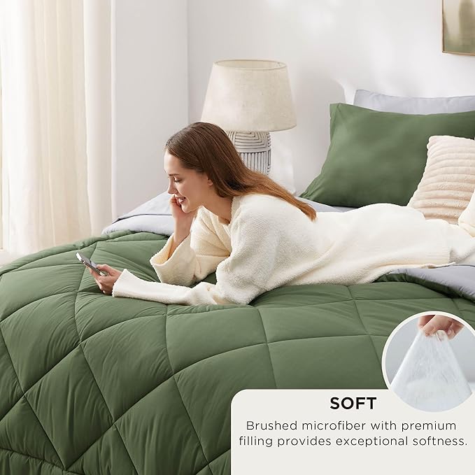 Bedsure Full Size Comforter Set - 7 Pieces Reversible Olive Green Bedding, Full Size Bed Set for All Seasons, Bed in a Bag with Down Alternative Comforter, Sheets, Pillowcases & Shams