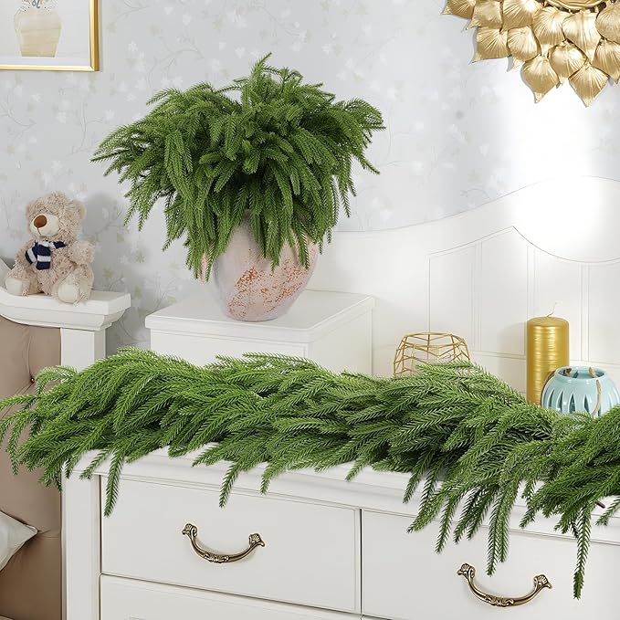 24 Pcs Artificial Norfolk Pine Branches, Faux Norfolk Pine Stems DIY Crafts Faux Christmas Norfolk Pine Branches for Xmas Indoor Outdoor Home Decor (24)