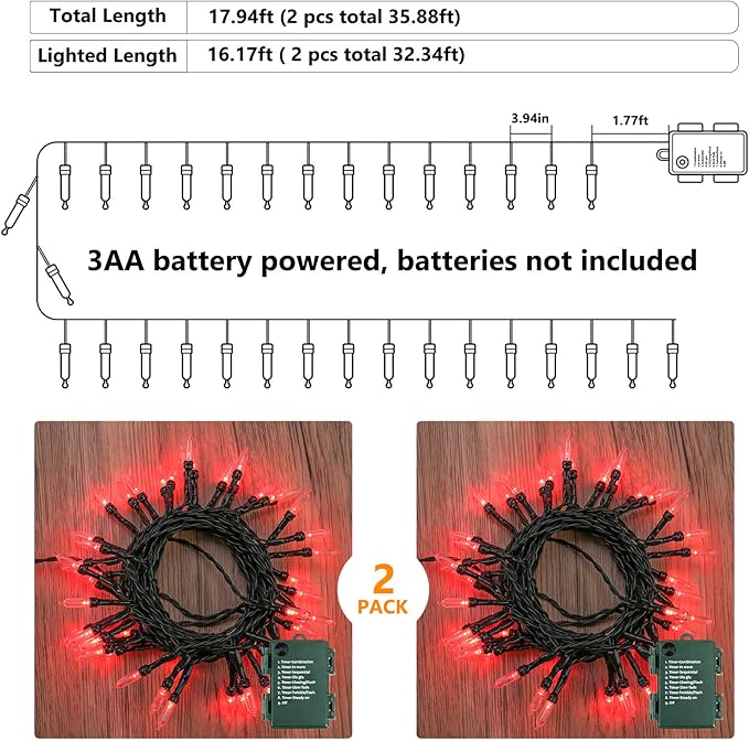 BrizLabs Green Wire Battery String Lights, 17.94ft 50 LED, Indoor/Outdoor, 8 Modes, Valentines Day, Party, Wedding, 2 Sets