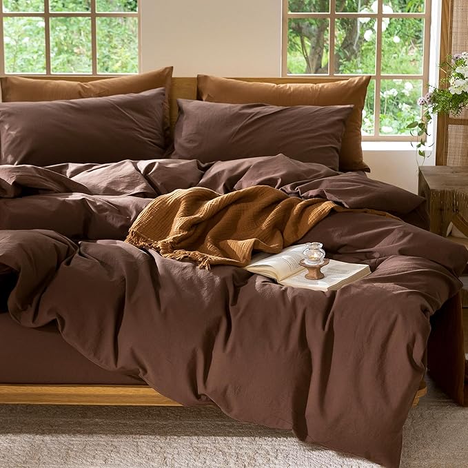 MooMee Bedding Duvet Cover Set 100% Washed Cotton Linen Like Textured Breathable Durable Soft Comfy (Solid Cocoa Brown, Super Queen 90"x98")
