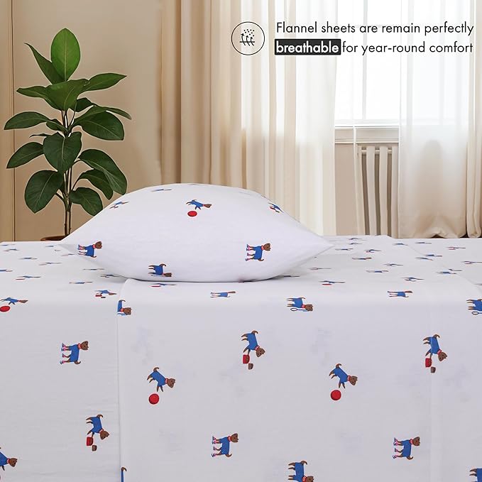 RUVANTI Flannel Sheets Queen Size - 100% Cotton Double Brushed Bed Sheets, Deep Pockets 16 Inches Queen Sheet Set, All Seasons Breathable & Extra Soft - Warm & Cozy, 4 Piece, Puppy Playoff