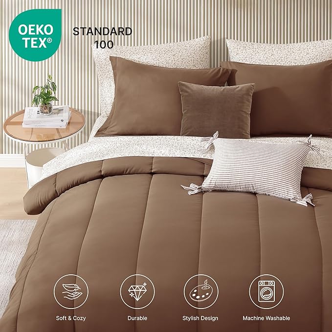 Monbix Full Comforter Set - 7 Pieces Brown Bed in a Bag Full Size Track Stitching Bedding Sets, All Seasons Down Alternative Comforter with Sheets,Pillowcases & Shams
