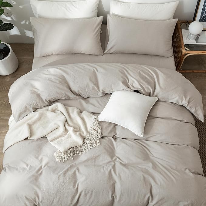 MooMee Bedding Duvet Cover Set 100% Washed Cotton Linen Like Textured Breathable Durable Soft Comfy (Heathered Cream Grey, Oversized King Plus 128"x120")