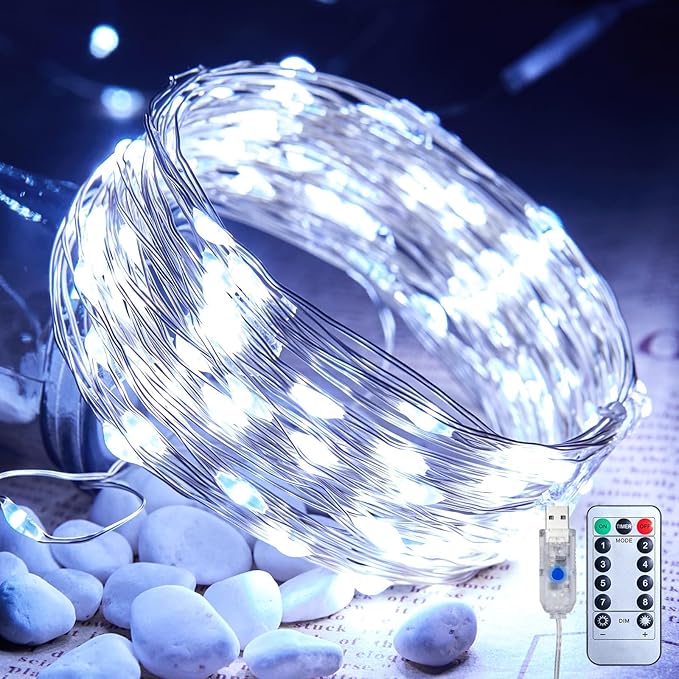 Minetom USB Fairy Lights Plug in, 66 Feet 200 LED Twinkle String Lights with Remote and Timer, Waterproof 8 Modes for Bedroom Indoor Wreath DIY Party Wedding Christmas Holiday Decoration, Pure White