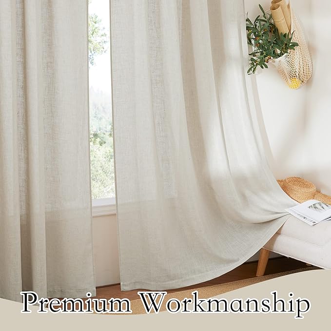RYB HOME Floor to Ceiling Curtains 108 inches Long, Flax Linen Blend Semi Sheer Curtains Soft Airy Half Privavy Drapery for Sliding Door, Bay Window, Living Room, W 52 x L 108 inch, 2 Panels, Angora
