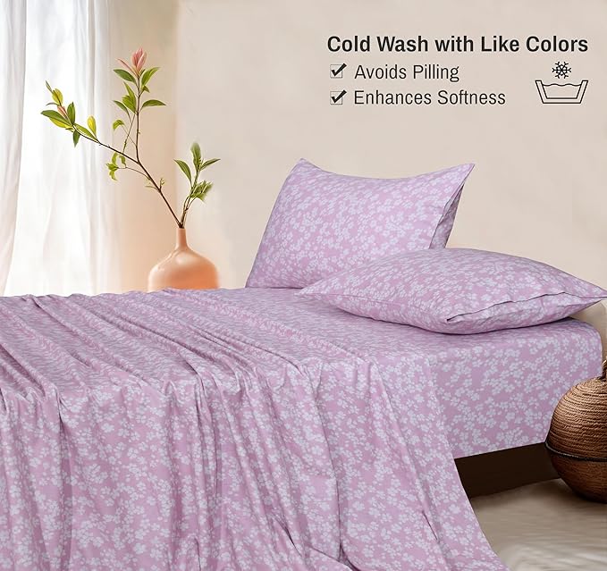 RUVANTI Flannel Sheets Twin XL Size - 100% Cotton Double Brushed Twin XL Sheet Sets, Deep Pockets 16 Inches, All Seasons Breathable & Extra Soft Bed Sheets, Warm & Cozy, 3 Piece, Pink Flora