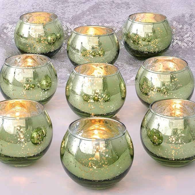 LAMORGIFT 12 PCS Green Votive Candle Holders- Mercury Glass Candle Holders for Sage Green Wedding Decor, Green Tea Light Candle Holders for Vintage Wedding, Engagement, Rehearsal Dinner Table Decor