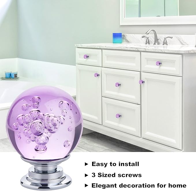 10 PCS Crystal Cabinet Knobs Round Glass Bubbles Dresser Knobs Smooth Drawer Knobs Handle for Home, Cabinet, Drawer and Dresser Hardware with 3 Different Size Screws, 30MM (Purple)