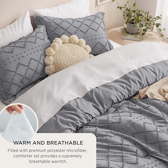 Bedsure Twin Comforter Set - Grey Comforter, Boho Tufted Shabby Chic Bedding for Kids, 2 Pieces Vintage Farmhouse Bed Set for All Seasons, Fluffy Soft Bedding with 1 Pillow Sham