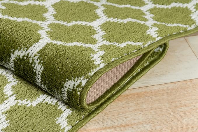 Custom Size Moroccan Trellis Runner Rug Mat for Wide Hallway Entryway Kitchen Laundry Room with Slip Resistant Latex Rubber Backing, Trellis Green, 31 inch X 12 feet