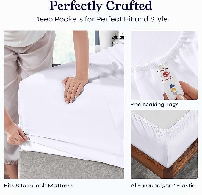 California Design Den King Size Sheets Set - Soft 400 Thread Count Sateen, Natural 100% Cotton Sheets King Size, Deep Pockets with All Around Elastic for a Snug Fit, Cool & Durable Bedding - White