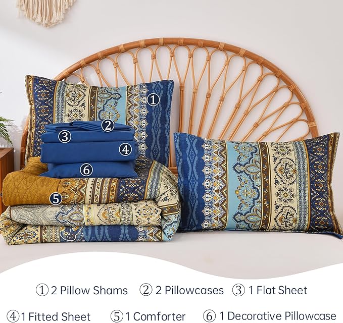 Cottolester Boho King Comforter Set 8 Pieces,Brown Blue Bohemian Comforter Paisley Striped Bed in A Bag,Soft Microfiber Bedding Set for All Season