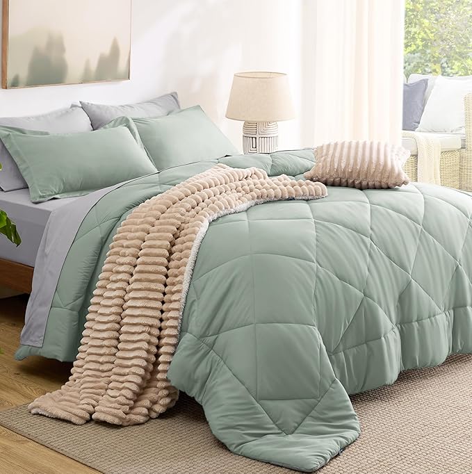 Bedsure California King Comforter Set - 7 Pieces Reversible Sage Green Bedding, California King Size Bed Set for All Seasons, Bed in a Bag with Down Alternative Comforter, Sheets, Pillowcases & Shams