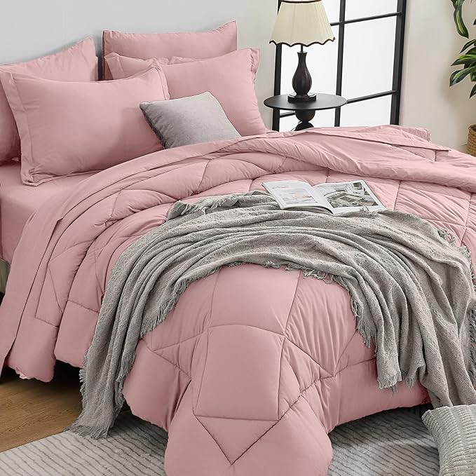 HEVUMYI Rose Gold Queen Comforter Set - 7-Piece All Season Bed in a Bag Queen, Ultra Soft Bedding Set with Comforter, Flat Sheet, Fitted Sheet, Pillowcases, Pillow Shams
