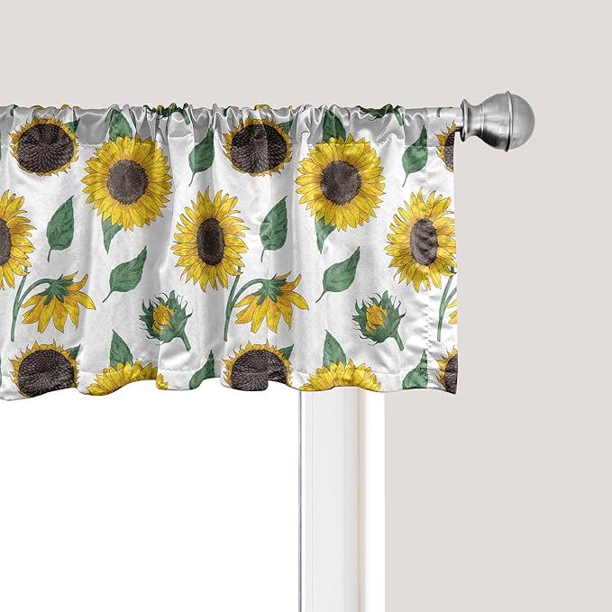 Ambesonne Sunflower Window Valance, Agricultural Pattern Botanical Inspiration Hand-Drawn Flowers, Curtain Valance for Kitchen Bedroom Decor with Rod Pocket, 54" X 12", Reseda Green Dark Brown